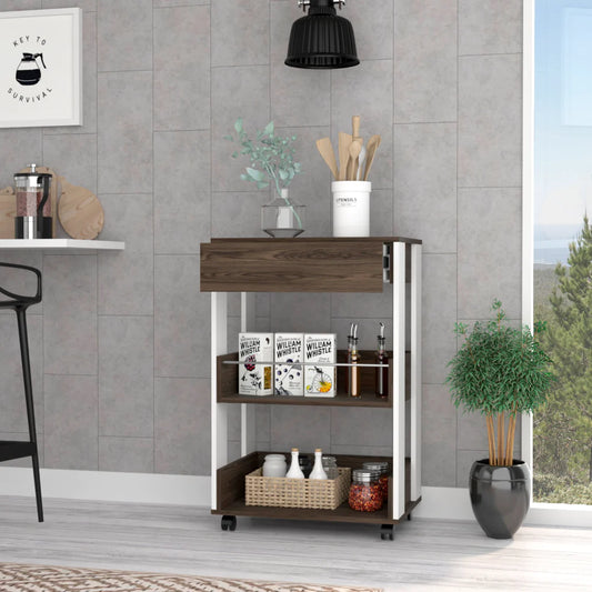 White Kitchen Cart with Drawer, Three-Tier Shelves, and Casters